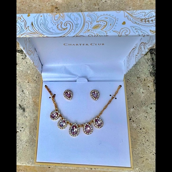 CHARTER CLUB Tear-shape Pink Halo Statement Necklace & Drop Earrings Set-Gold - Picture 6 of 8